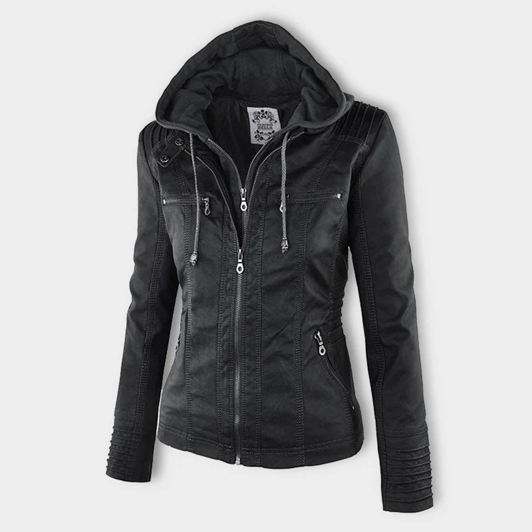 Damen veganem Lederjacke mit Kapuze – Modische Übergangsjacke für Alltag und Freizeit