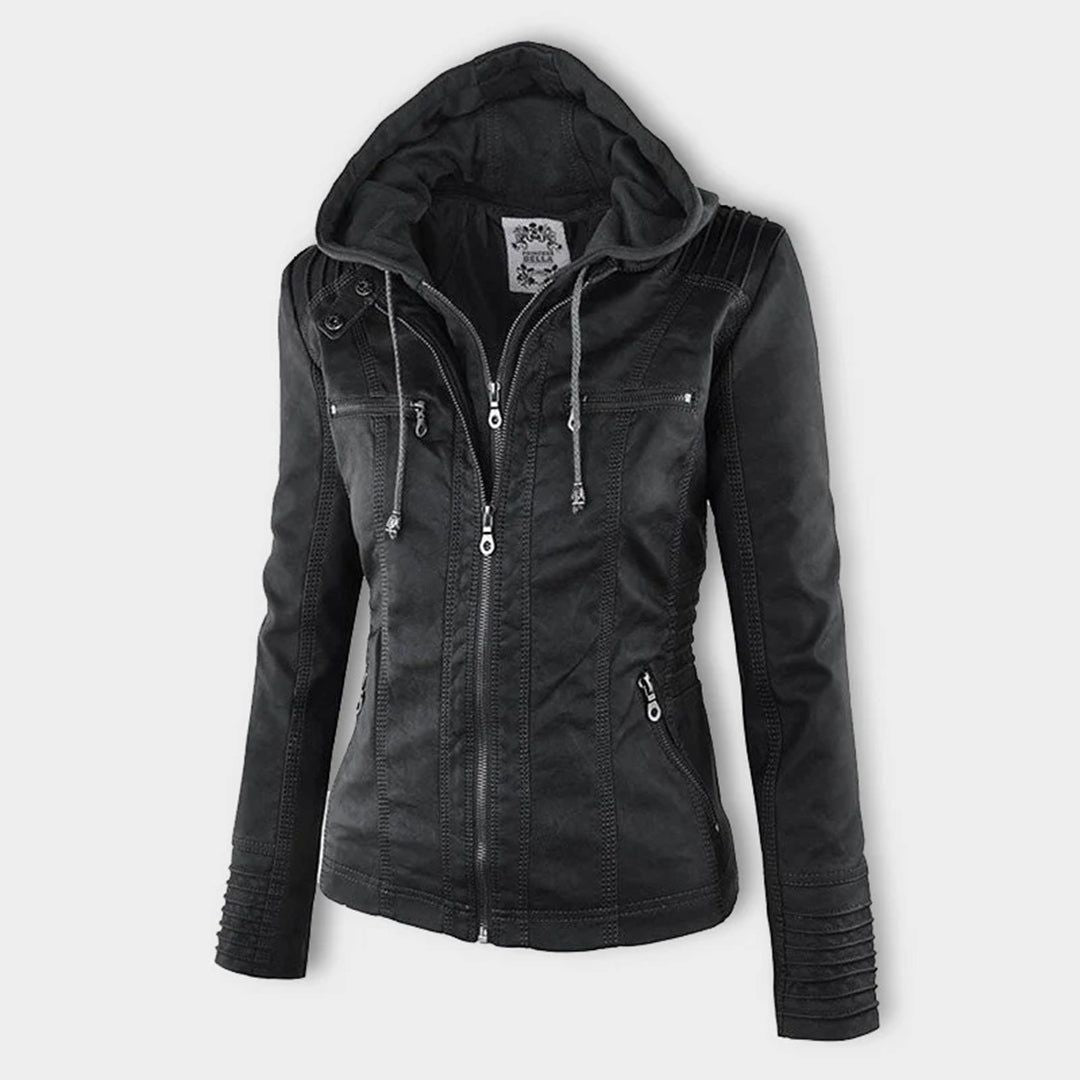 Damen Herbstjacke – Modische Lederjacke mit Kapuze und Reißverschluss, vielseitig & elegant für Alltag und Freizeit