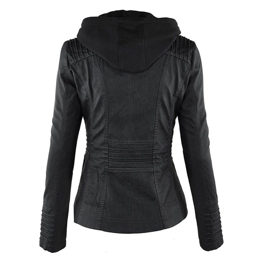 Damen Herbstjacke – Modische Lederjacke mit Kapuze und Reißverschluss, vielseitig & elegant für Alltag und Freizeit