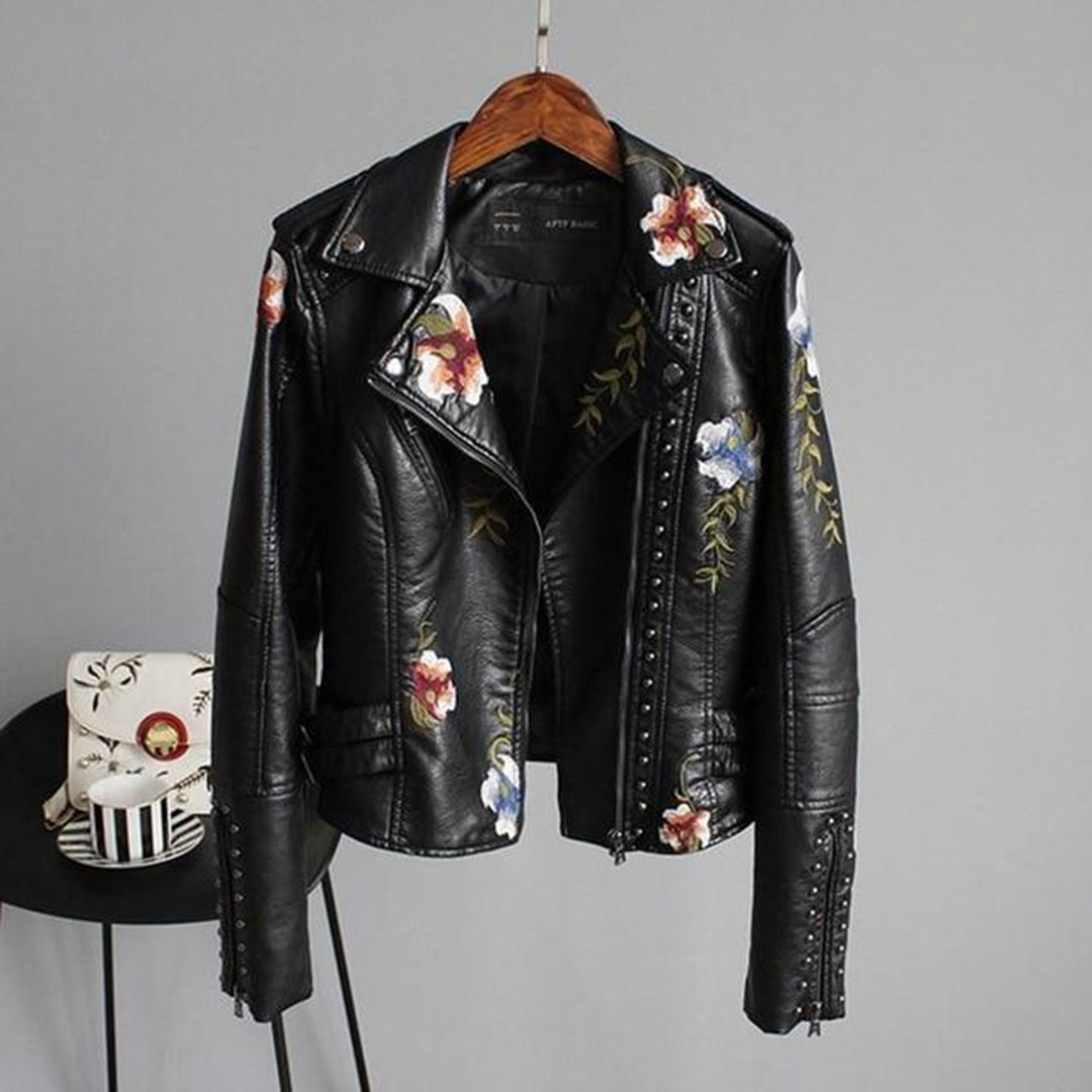 Damen Bikerjacke mit floraler Stickerei – Modisches Statement für Alltag und Abend