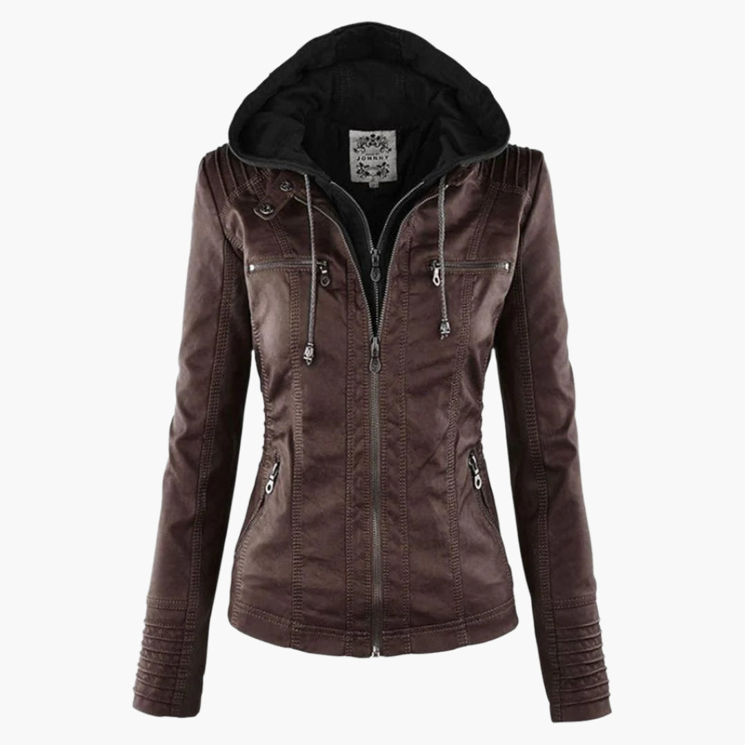 Damen Herbstjacke – Modische Lederjacke mit Kapuze und Reißverschluss, vielseitig & elegant für Alltag und Freizeit