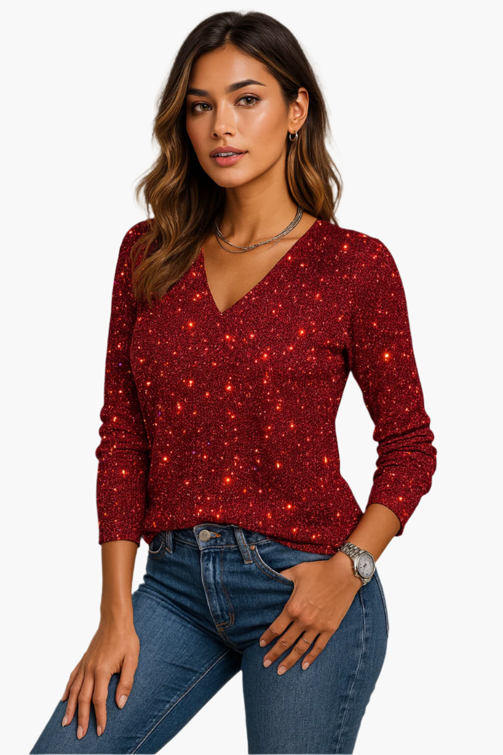 Damen Glitzer-Pullover mit V-Ausschnitt – Eleganter Party- und Abendlook
