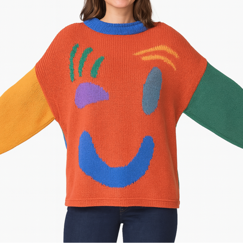 Damen Strickpullover mit abstraktem Gesicht, gemütlicher Freizeit-Stil – Perfekt für entspannte Tage