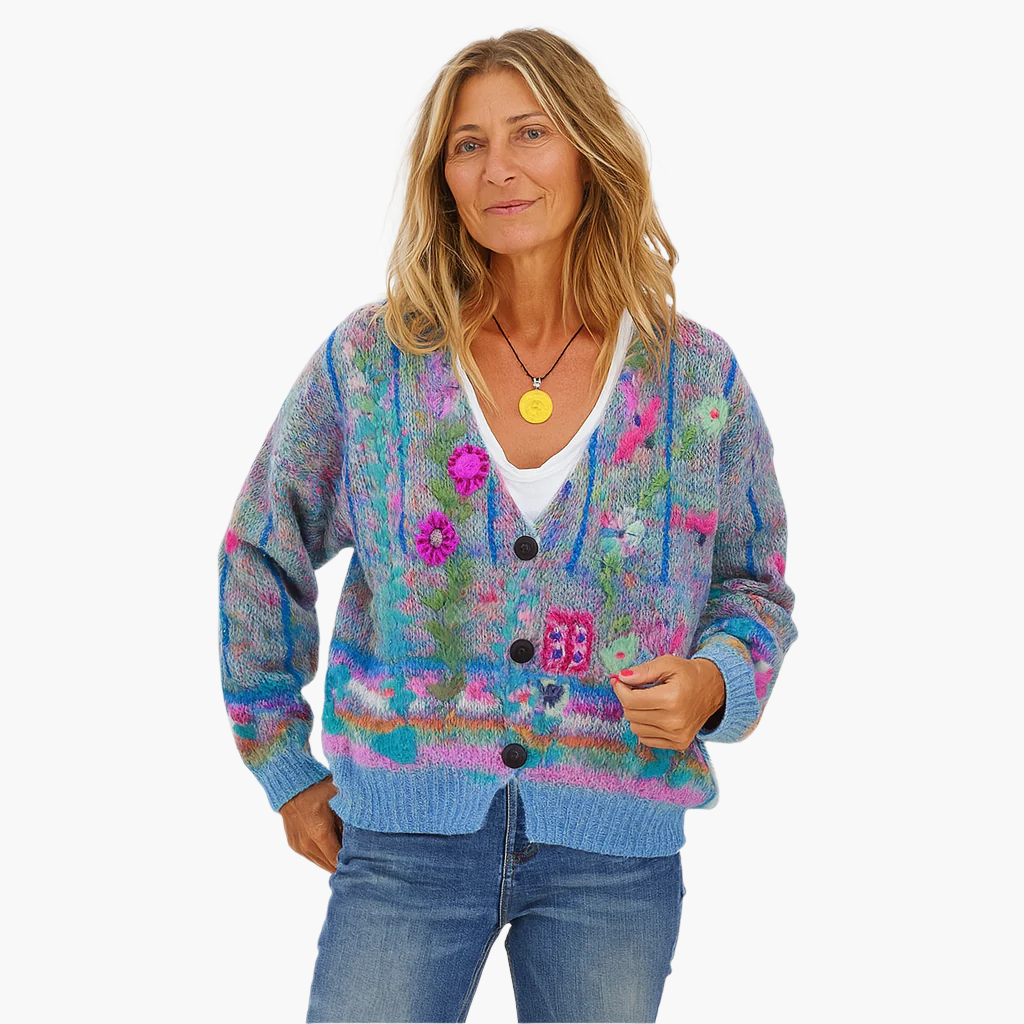 Damen Strickjacke im Boho-Stil – Farbige, lässige Cardigan mit Blumenmuster für Alltag und Freizeit
