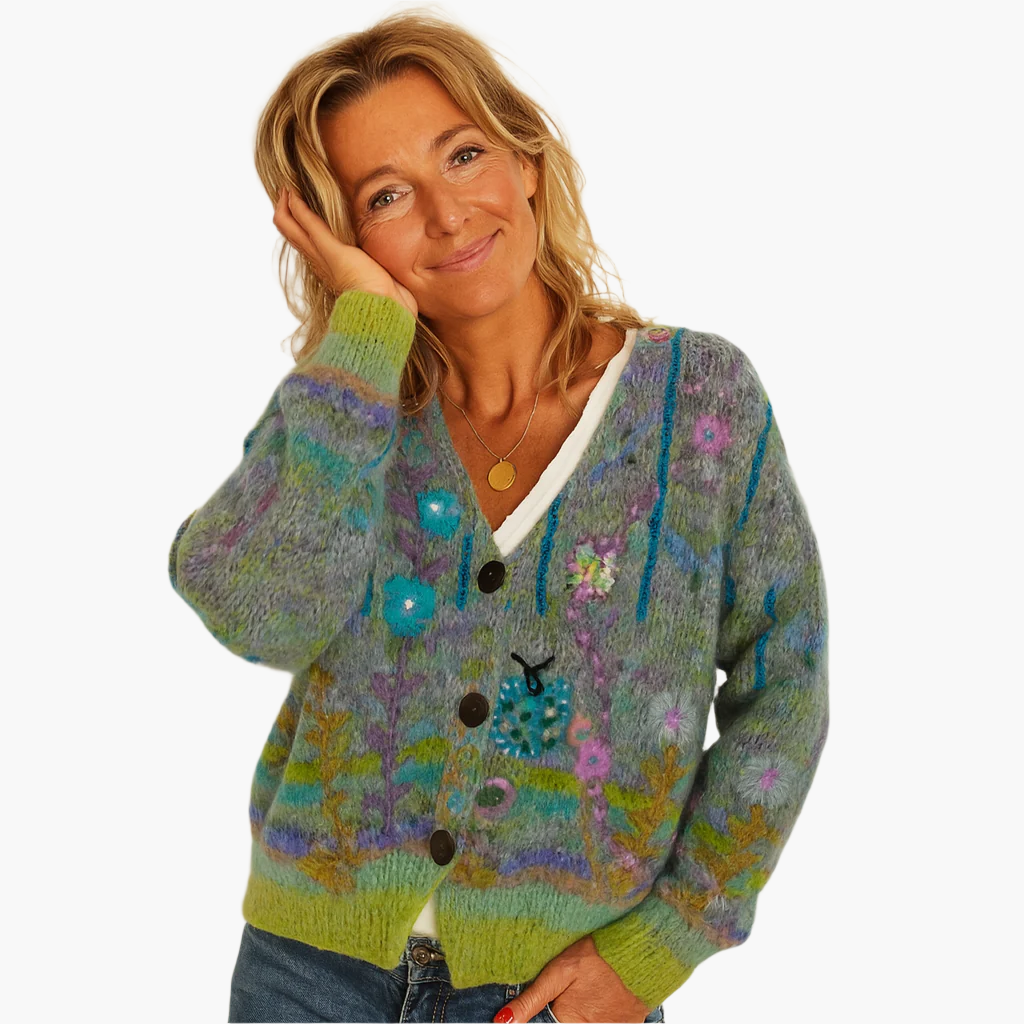 Damen Strickjacke im Boho-Stil – Farbige, lässige Cardigan mit Blumenmuster für Alltag und Freizeit
