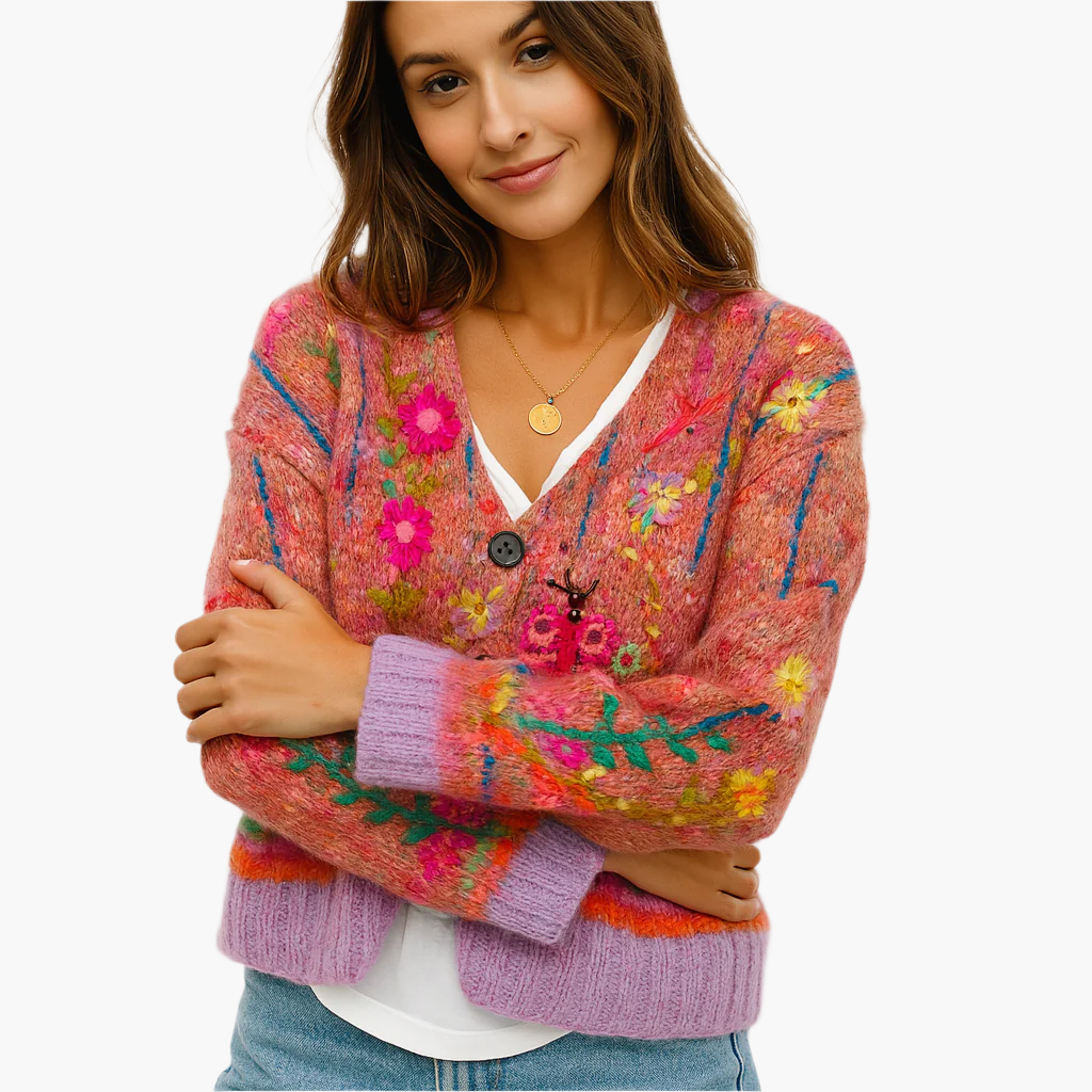 Damen Strickjacke im Boho-Stil – Farbige, lässige Cardigan mit Blumenmuster für Alltag und Freizeit