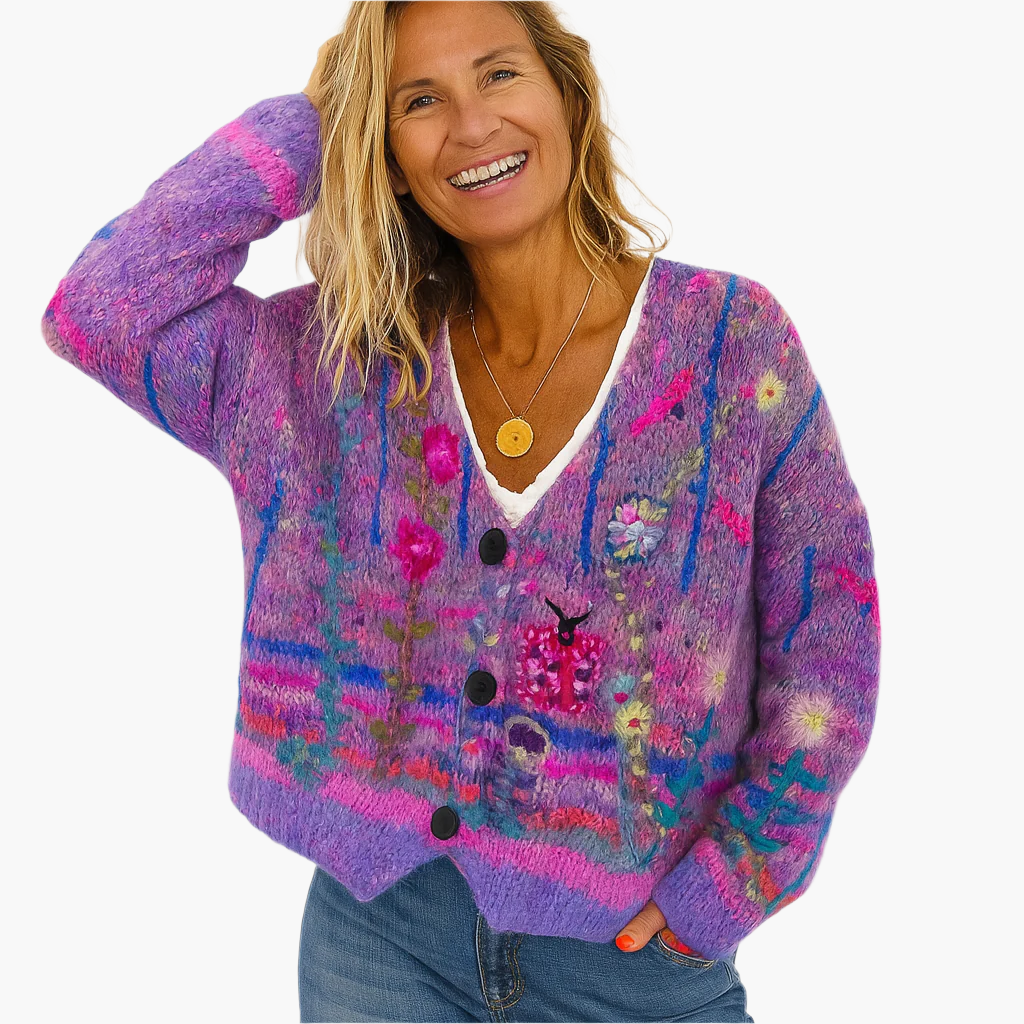 Damen Strickjacke im Boho-Stil – Farbige, lässige Cardigan mit Blumenmuster für Alltag und Freizeit
