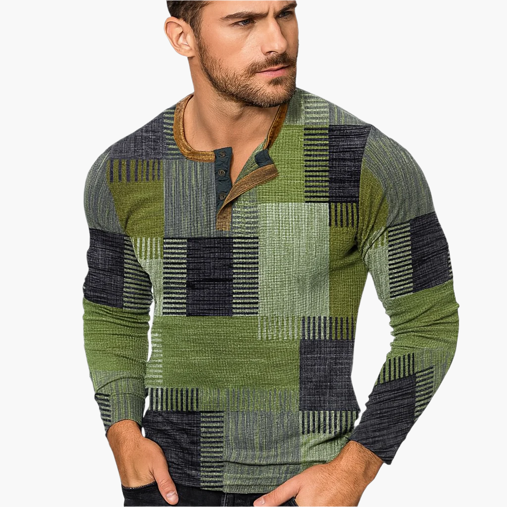 Herren Patchwork Henley Langarmshirt – Modernes Freizeitshirt für Herbst und Winter