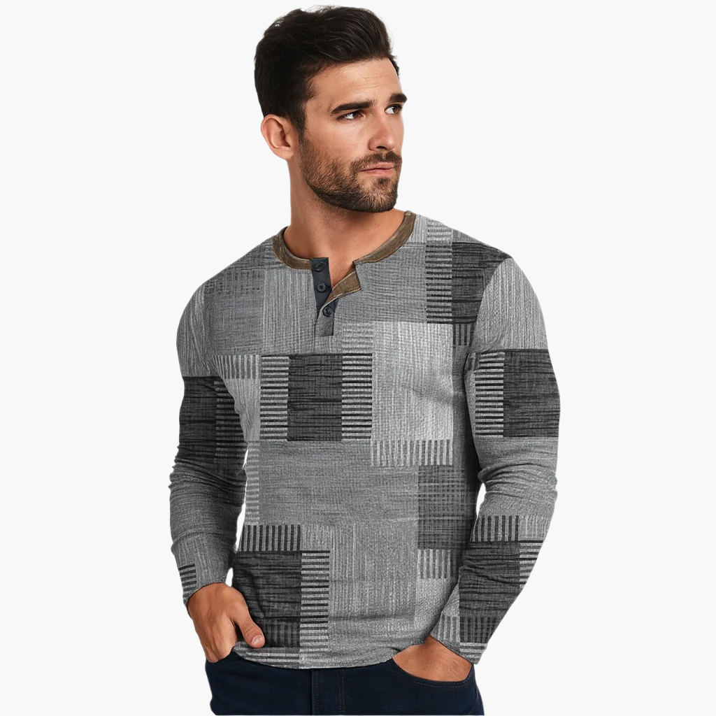 Herren Patchwork Henley Langarmshirt – Modernes Freizeitshirt für Herbst und Winter