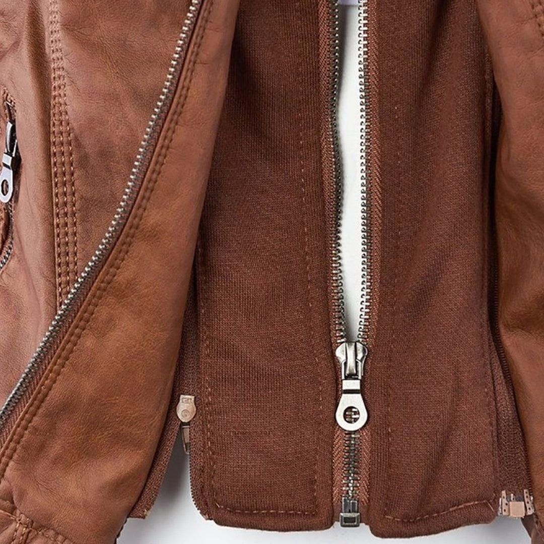Damen Herbstjacke – Modische Lederjacke mit Kapuze und Reißverschluss, vielseitig & elegant für Alltag und Freizeit