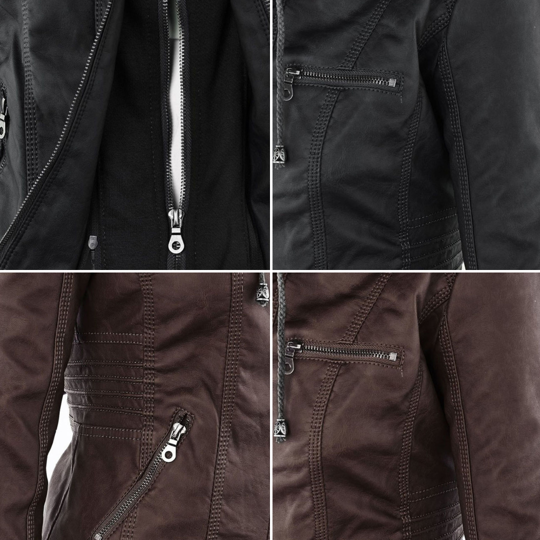 Damen Herbstjacke – Modische Lederjacke mit Kapuze und Reißverschluss, vielseitig & elegant für Alltag und Freizeit