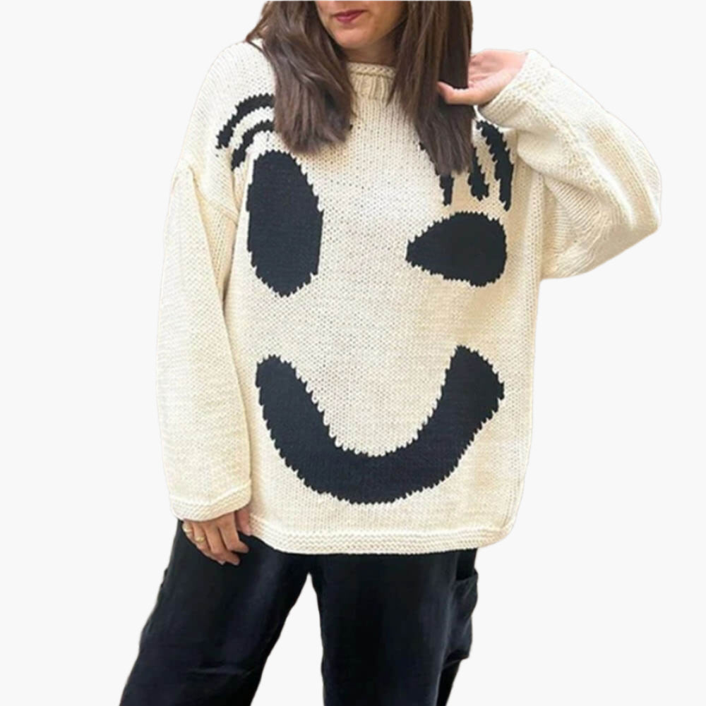 Damen Strickpullover mit abstraktem Gesicht, gemütlicher Freizeit-Stil – Perfekt für entspannte Tage