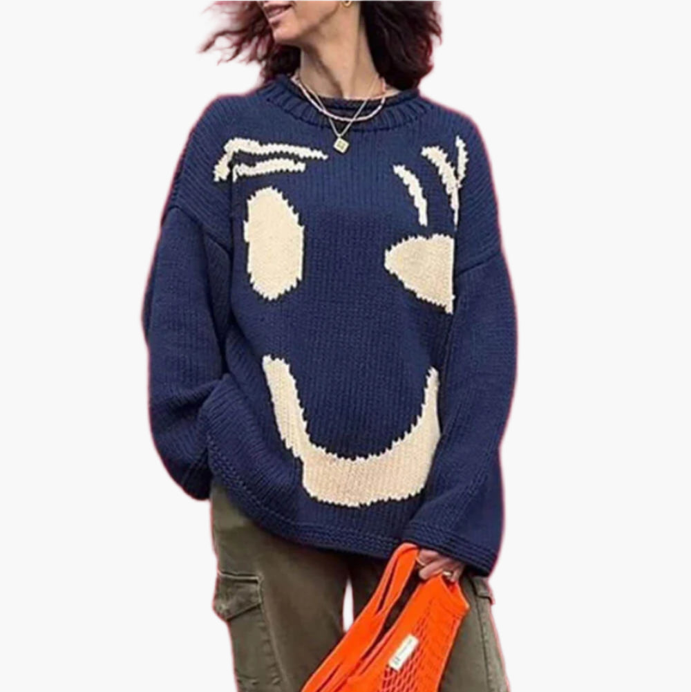 Damen Strickpullover mit abstraktem Gesicht, gemütlicher Freizeit-Stil – Perfekt für entspannte Tage