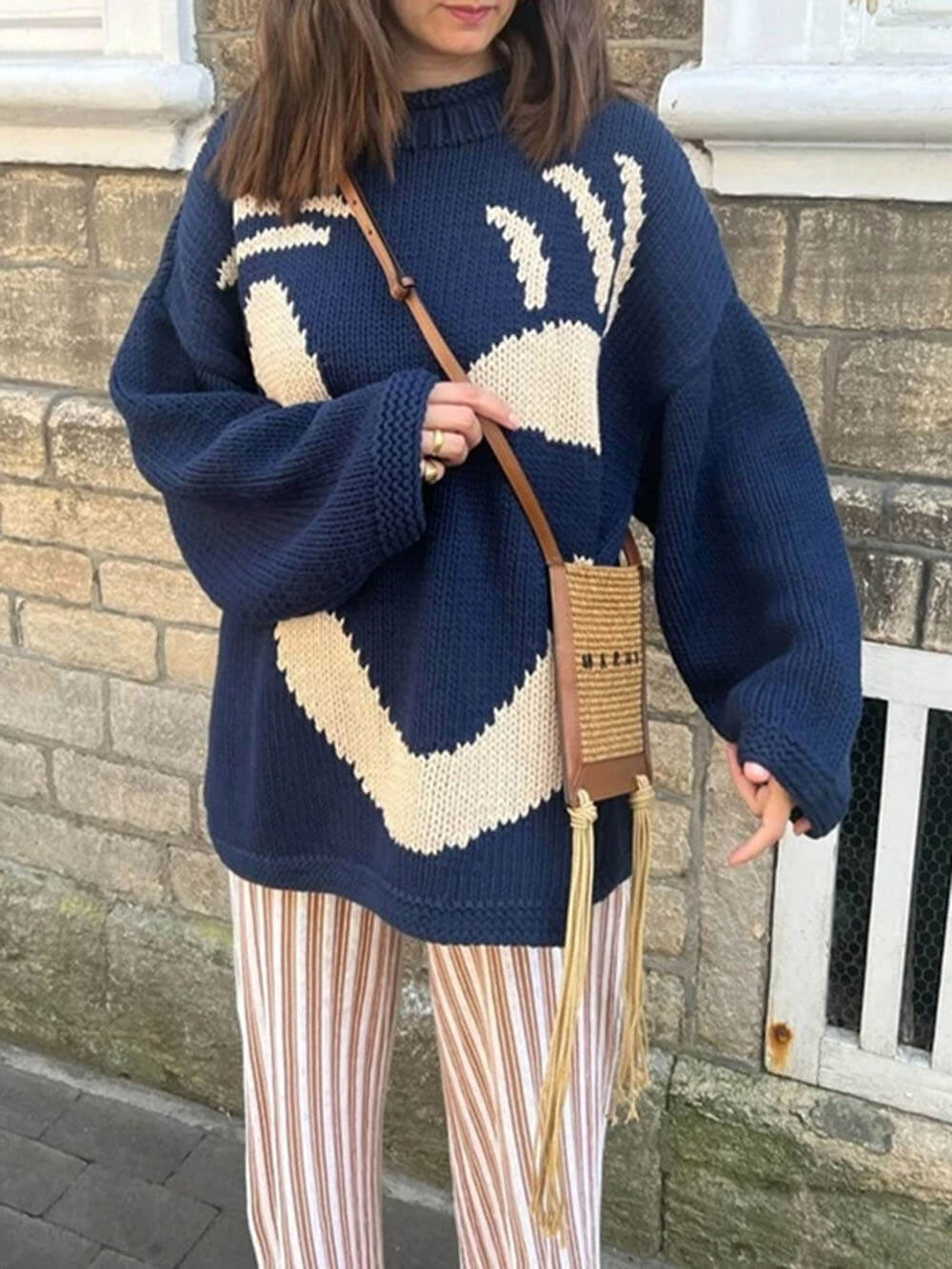 Damen Strickpullover mit abstraktem Gesicht, gemütlicher Freizeit-Stil – Perfekt für entspannte Tage