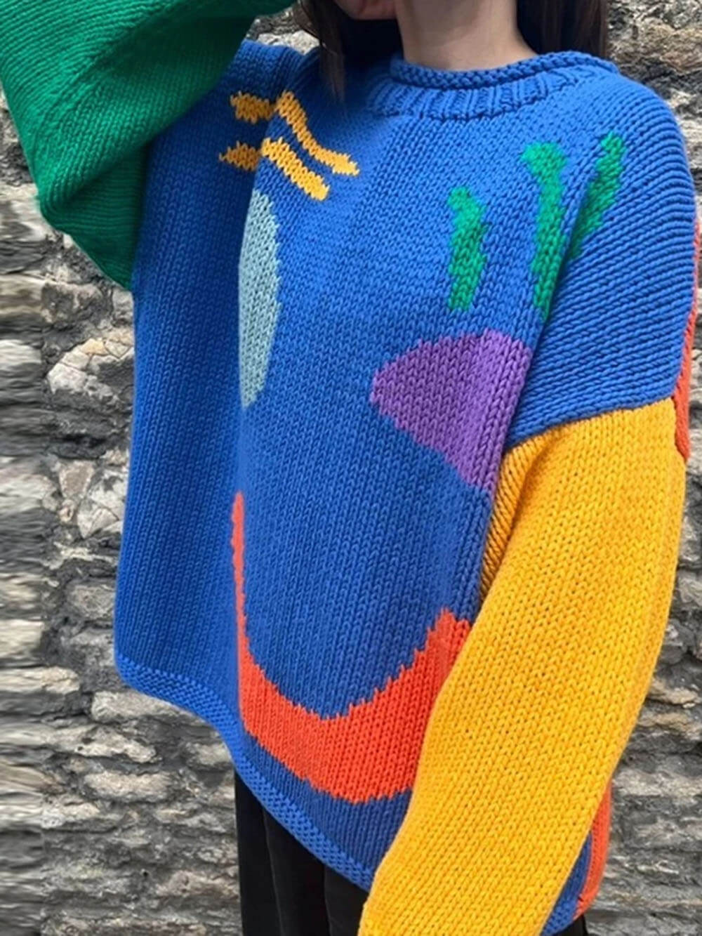 Damen Strickpullover mit abstraktem Gesicht, gemütlicher Freizeit-Stil – Perfekt für entspannte Tage