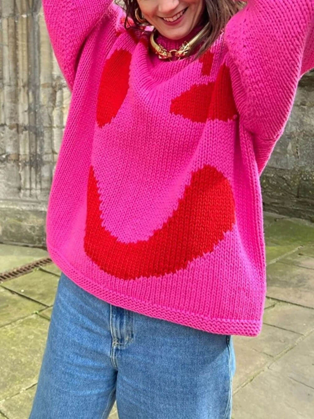Damen Strickpullover mit abstraktem Gesicht, gemütlicher Freizeit-Stil – Perfekt für entspannte Tage