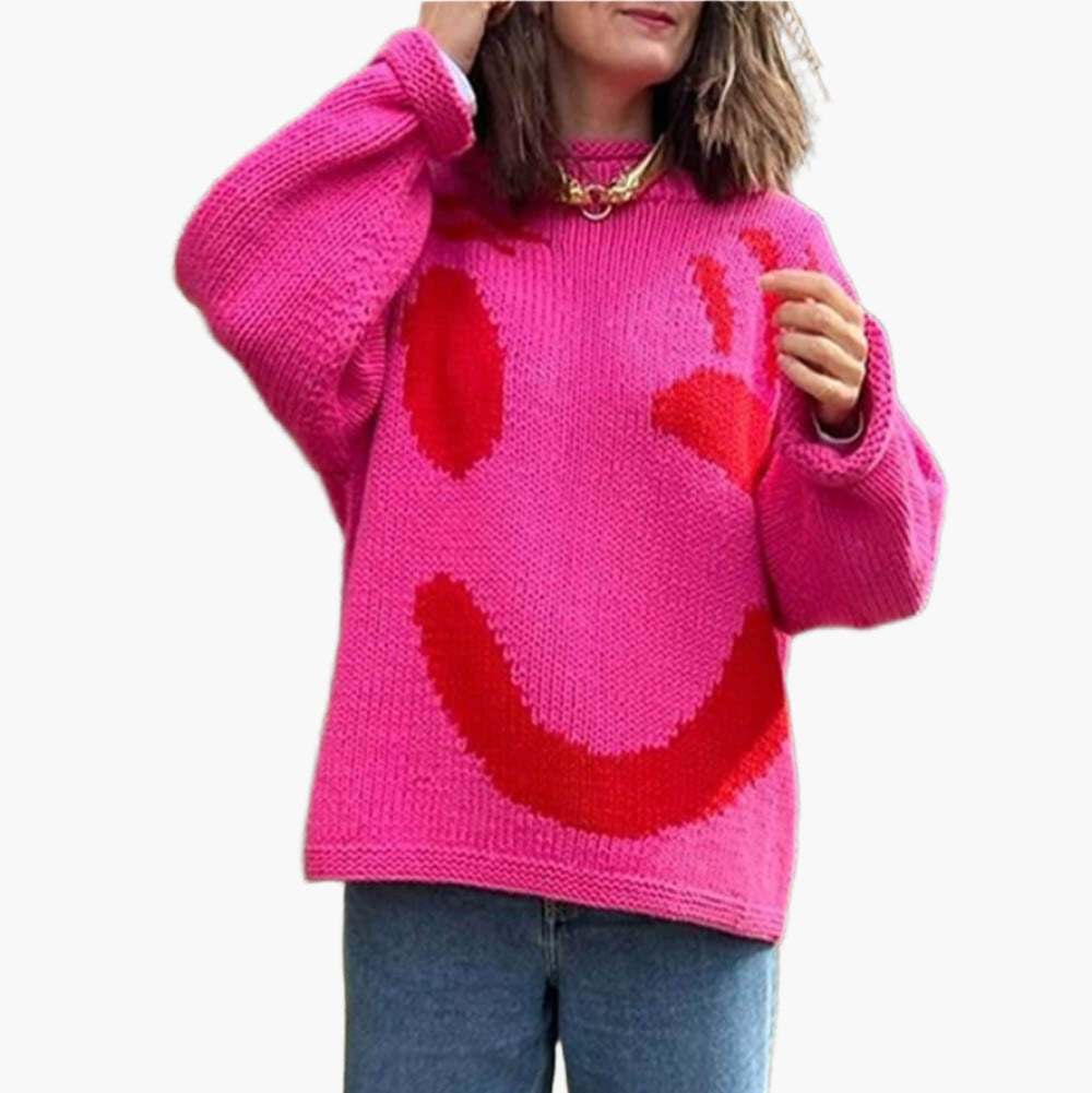 Damen Strickpullover mit abstraktem Gesicht, gemütlicher Freizeit-Stil – Perfekt für entspannte Tage