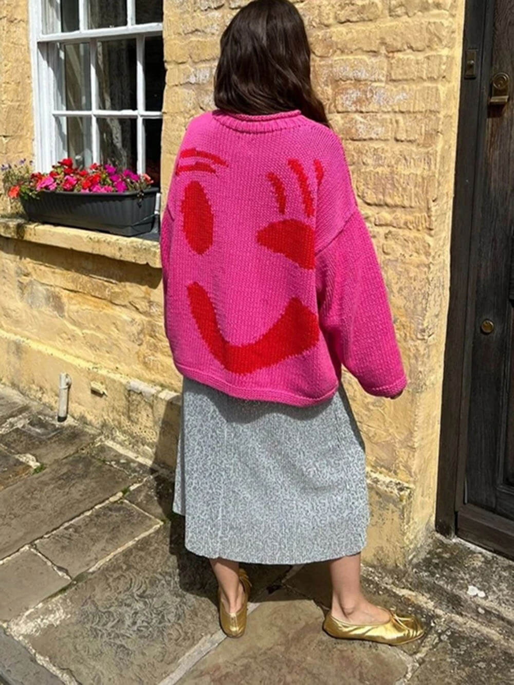 Damen Strickpullover mit abstraktem Gesicht, gemütlicher Freizeit-Stil – Perfekt für entspannte Tage