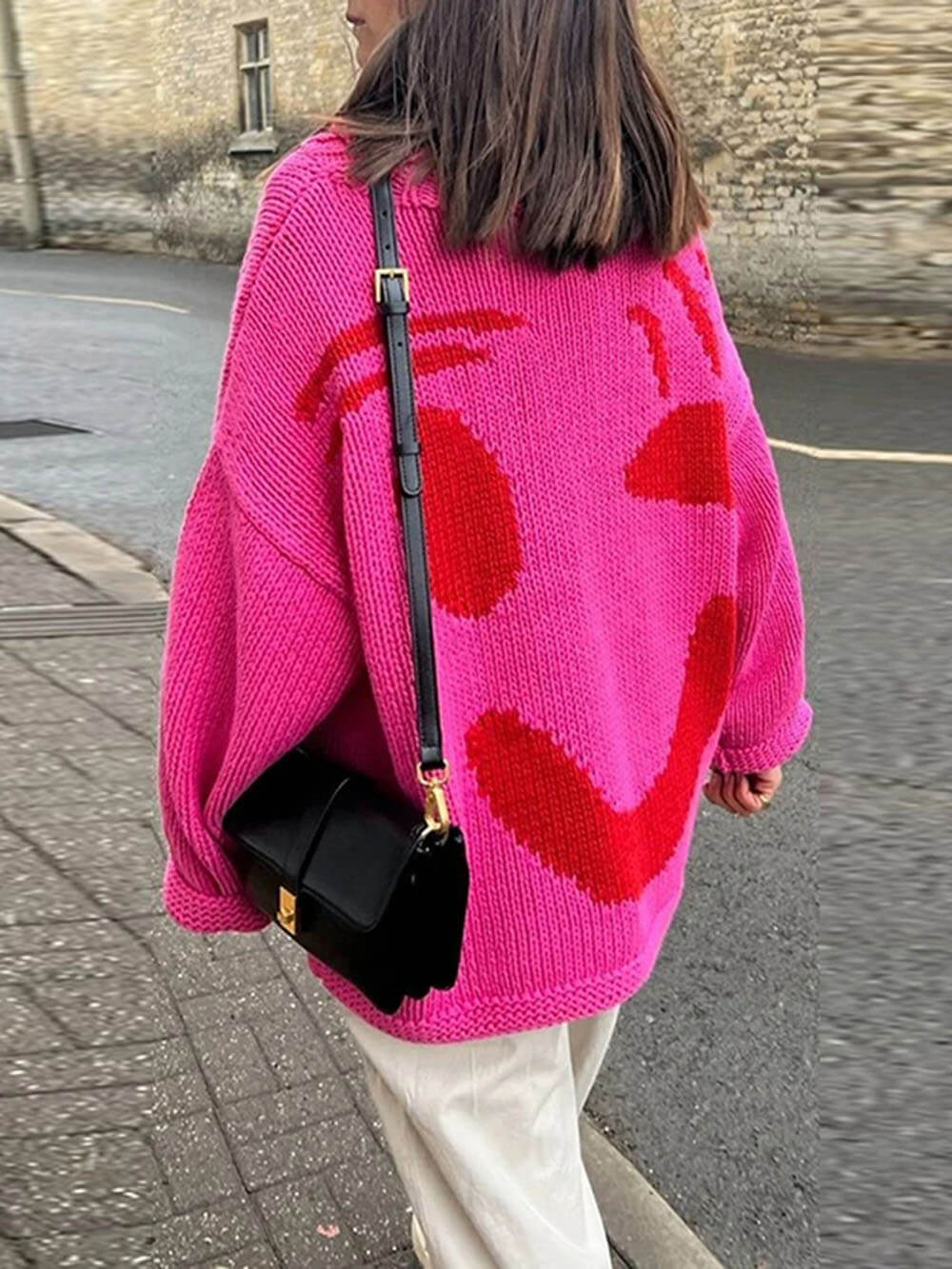 Damen Strickpullover mit abstraktem Gesicht, gemütlicher Freizeit-Stil – Perfekt für entspannte Tage