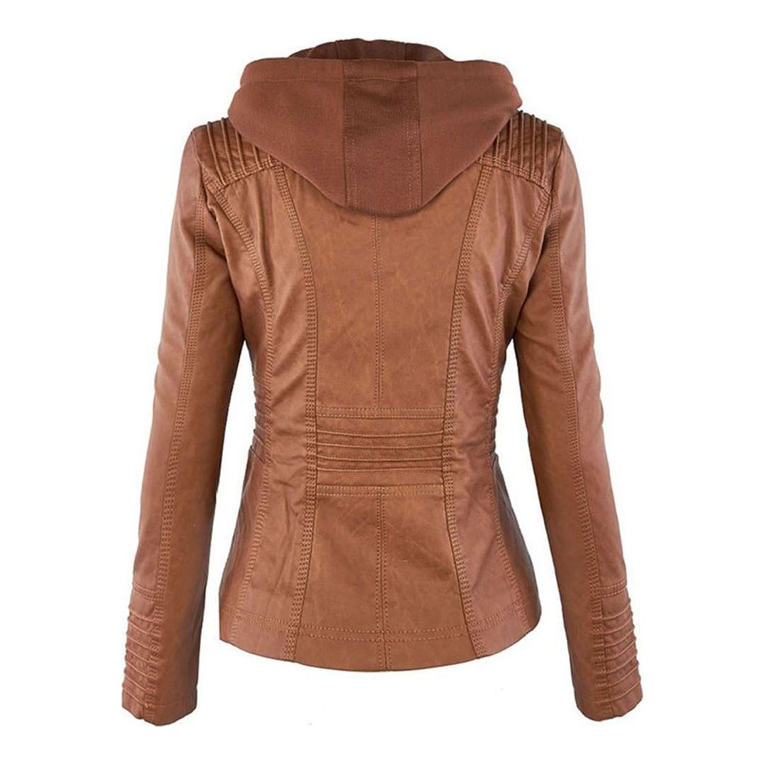 Damen Herbstjacke – Modische Lederjacke mit Kapuze und Reißverschluss, vielseitig & elegant für Alltag und Freizeit