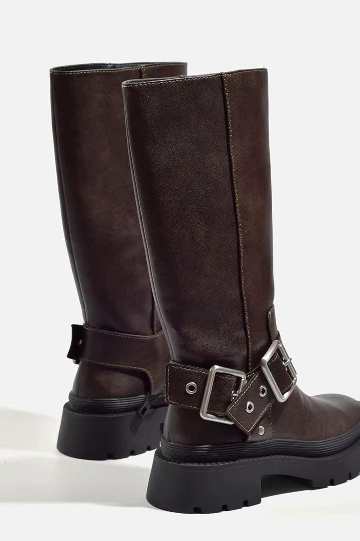 Damen Biker Boots mit Schnallen und hohem Schaft – Retro Style für Alltag und Freizeit