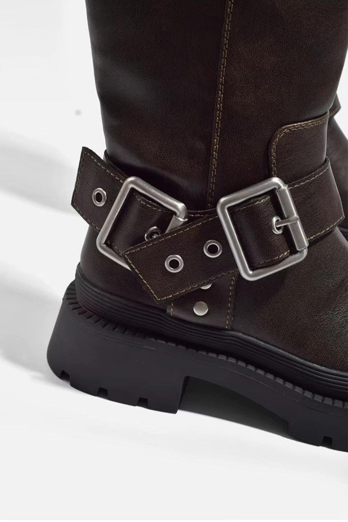 Damen Biker Boots mit Schnallen und hohem Schaft – Retro Style für Alltag und Freizeit