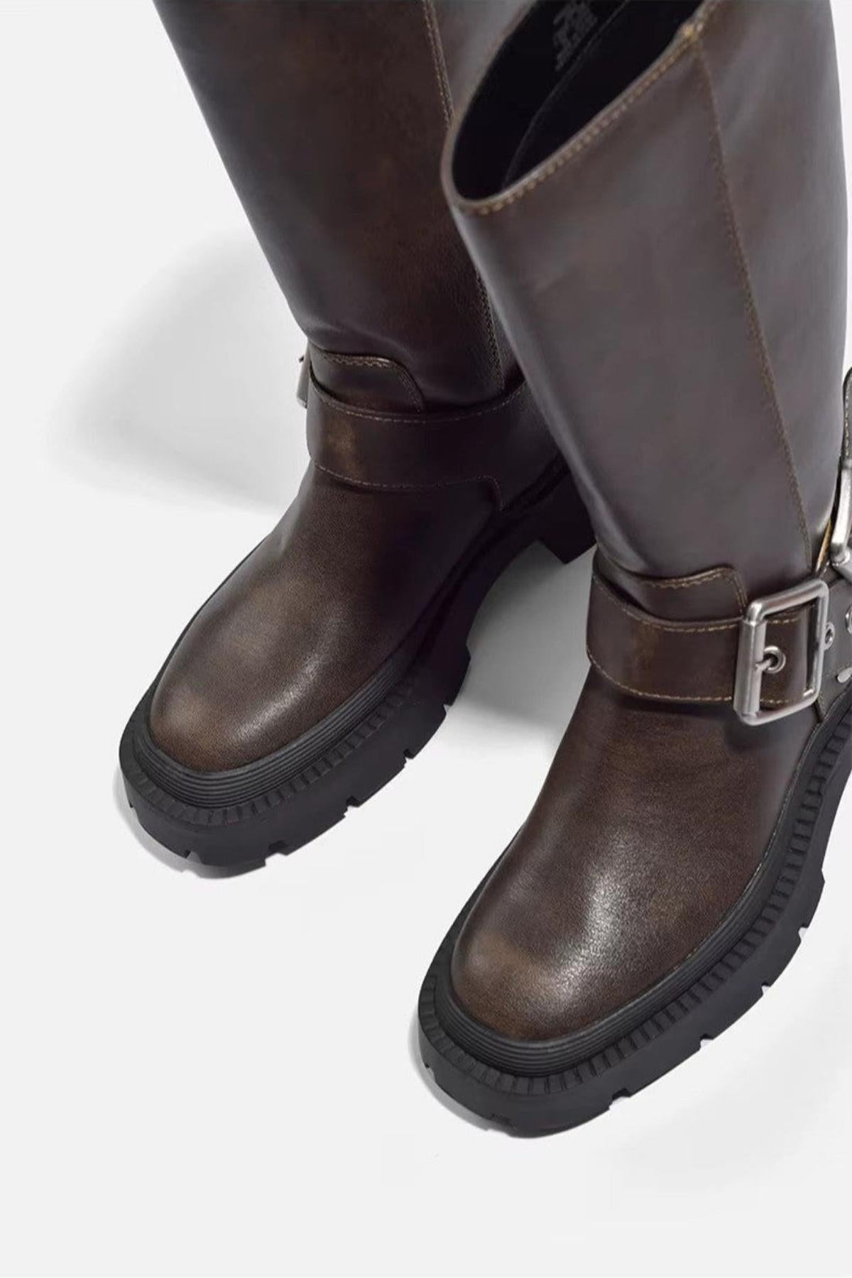 Damen Biker Boots mit Schnallen und hohem Schaft – Retro Style für Alltag und Freizeit