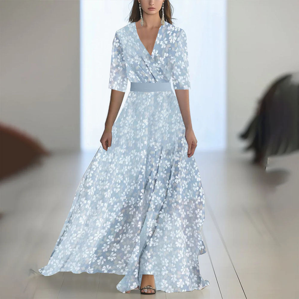 Damen Maxikleid mit tiefem V-Ausschnitt und fließendem Blumendesign