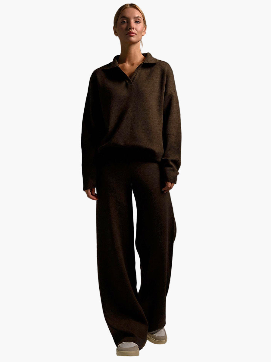 Damen Loungewear Set – Strick – Oversize Pullover mit Kragen und Weite Hose – Perfekt für Zuhause und Freizeit