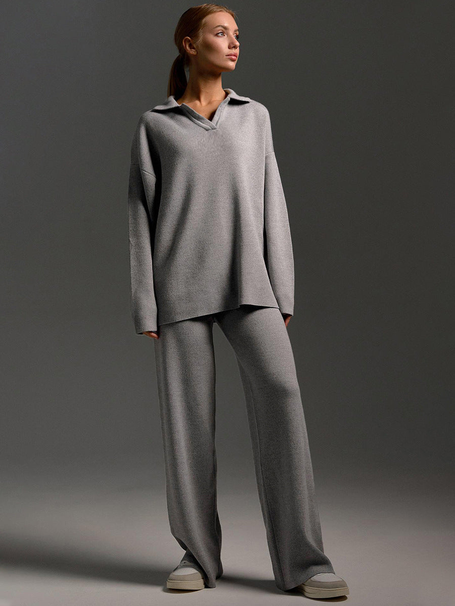 Damen Loungewear Set – Strick – Oversize Pullover mit Kragen und Weite Hose – Perfekt für Zuhause und Freizeit