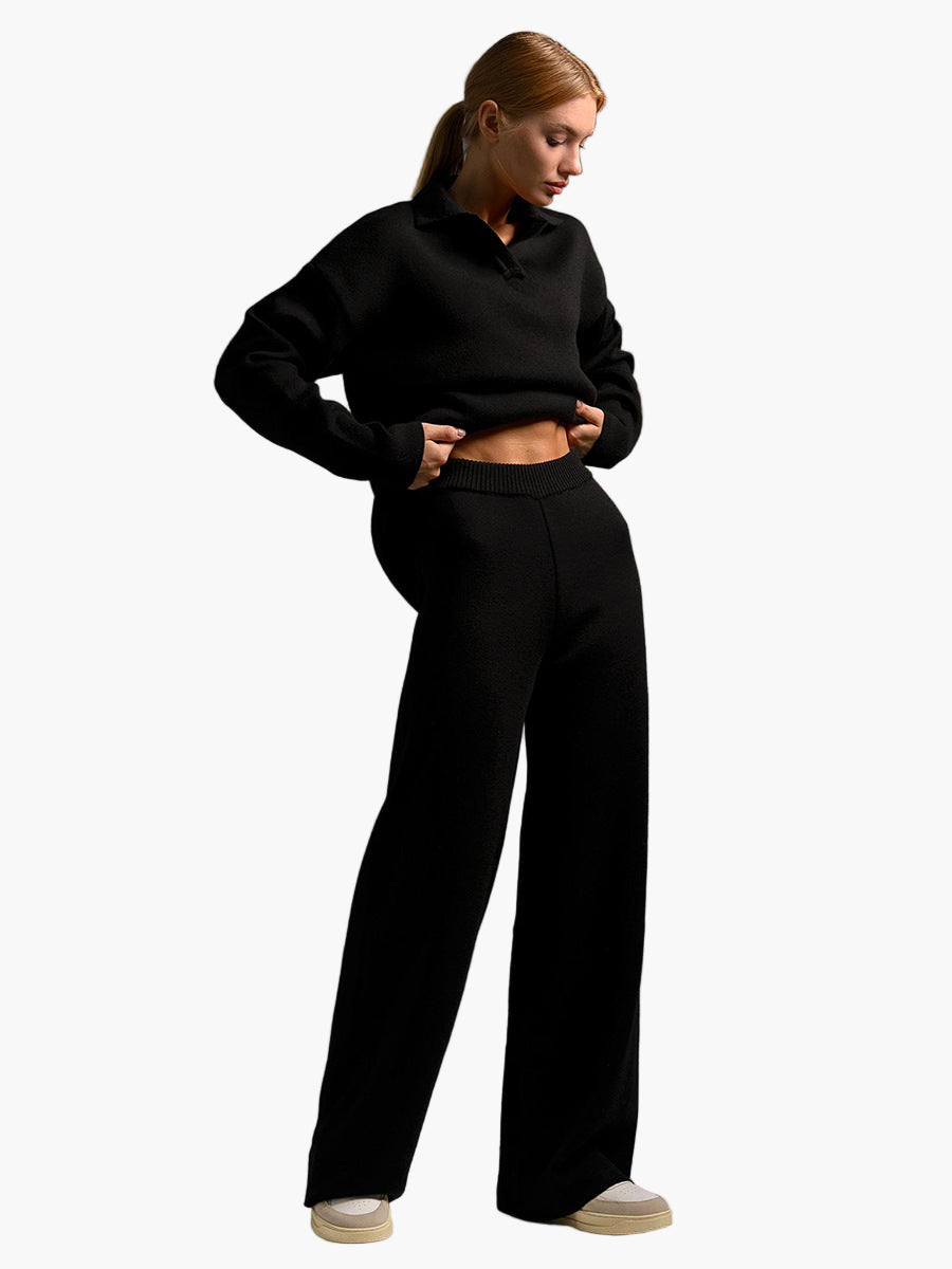Damen Loungewear Set – Strick – Oversize Pullover mit Kragen und Weite Hose – Perfekt für Zuhause und Freizeit