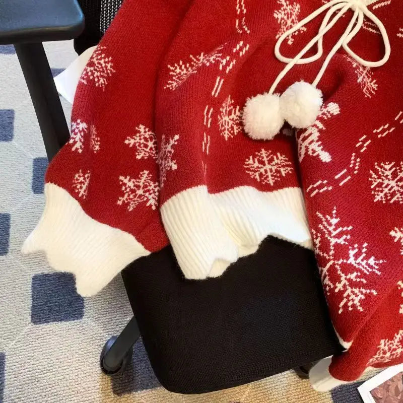 Damen Winter Strickjacke mit Schneeflocken-Muster und Pompons – Festlicher Cardigan im Vintage-Stil