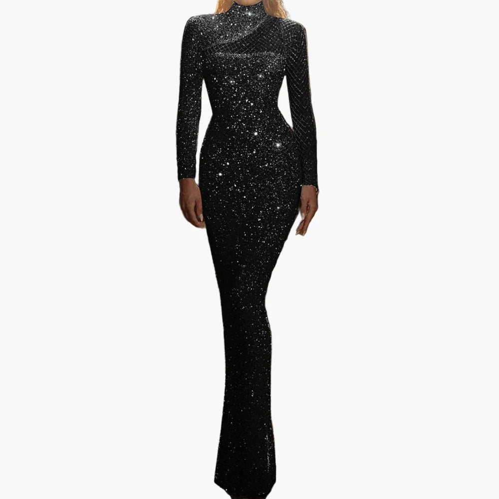 Damen Abendkleid Glitzer Bodycon Langarm Elegant für Gala und Party