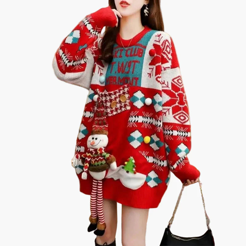 Damen Weihnachts-Pullover Kleid mit 3D Schneemann und Norwegermuster – Lustiges Ugly Christmas Sweater für Winter & Party