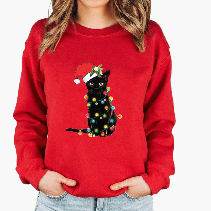 Damen Weihnachtspullover mit Katze und Lichterkette – Lustiger Winter Sweater für Alltag und Festtage