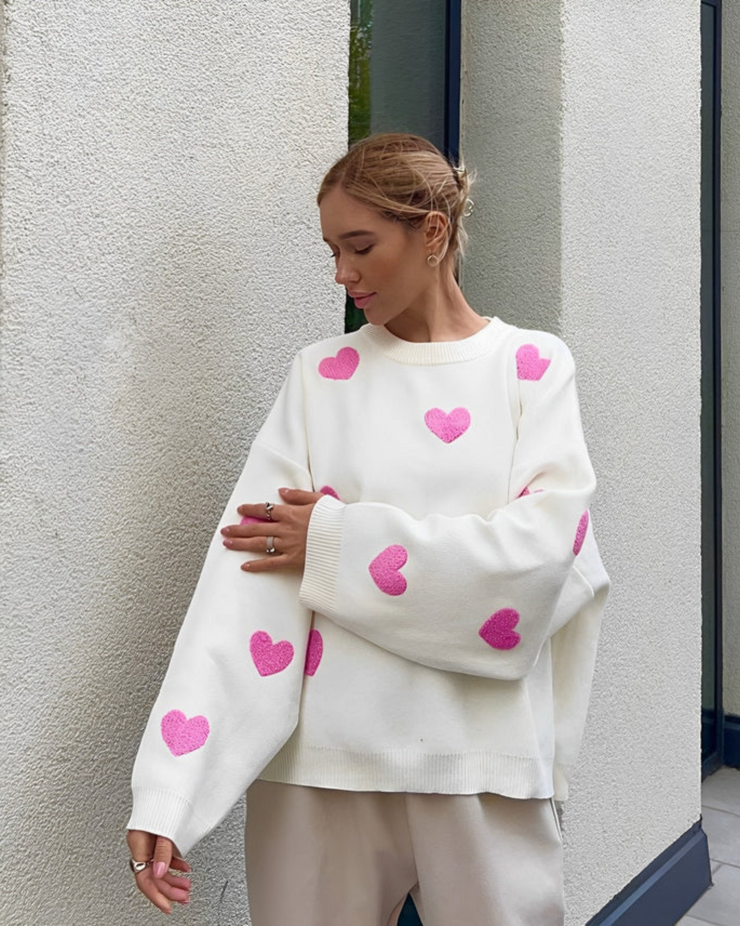 Damen Oversized Sweater mit Herz-Print – Bequemer Lounge-Pullover für Zuhause & Freizeit