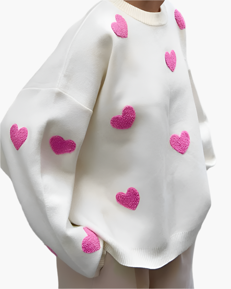 Damen Oversized Sweater mit Herz-Print – Bequemer Lounge-Pullover für Zuhause & Freizeit