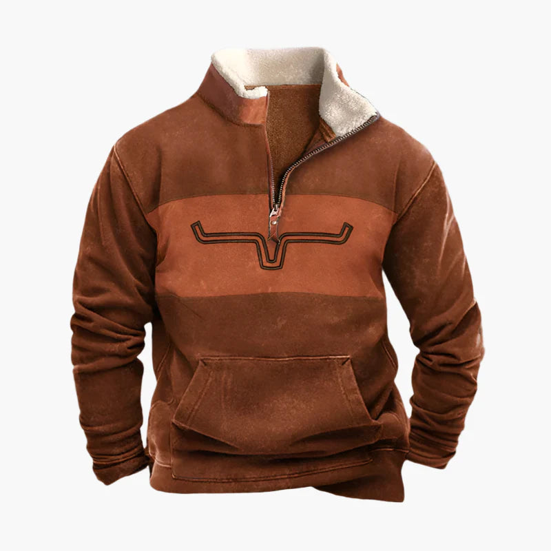 Herren Vintage Ethno-Pullover mit Zip-Kragen – Warmer Freizeit-Sweater mit Musterärmeln