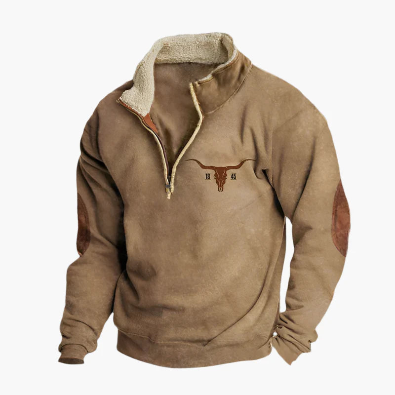 Herren Vintage Ethno-Pullover mit Zip-Kragen – Warmer Freizeit-Sweater mit Musterärmeln