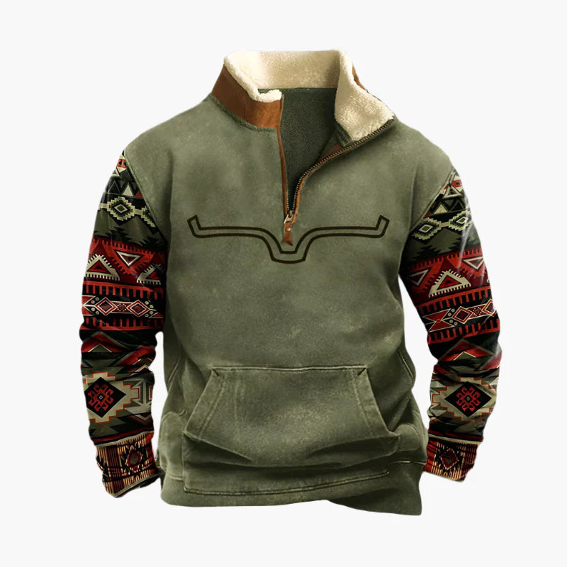 Herren Vintage Ethno-Pullover mit Zip-Kragen – Warmer Freizeit-Sweater mit Musterärmeln