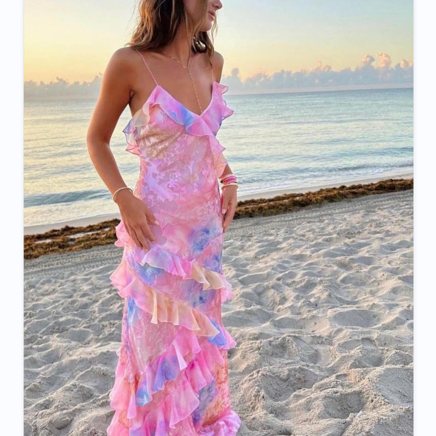 Verspieltes Damen-Strandkleid mit Rüschen und Spaghettiträgern für Sommer & Urlaub