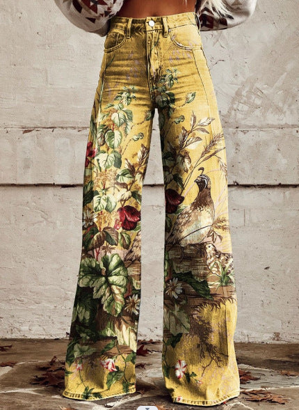 Heather – Bedruckte Damenhose mit weitem Bein aus dünnem veganem Denim