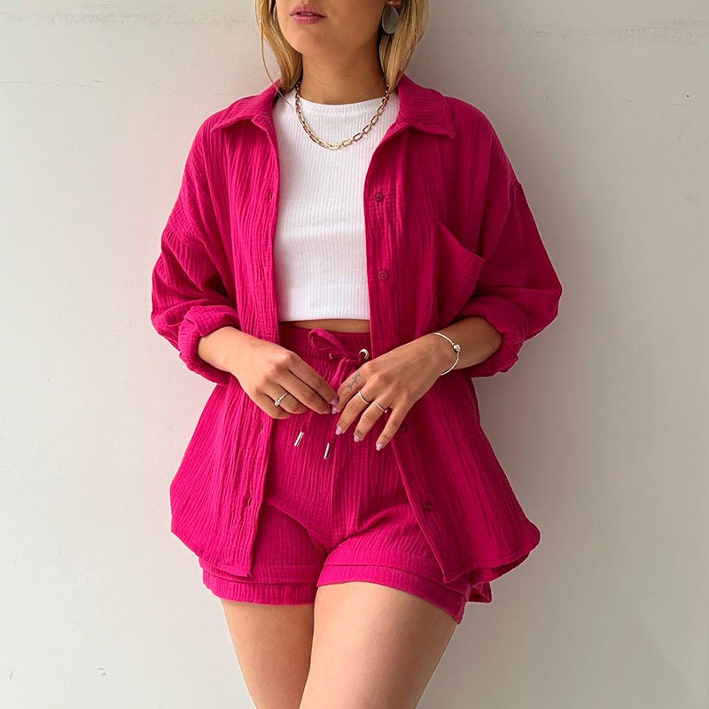 Damen 3-teiliges Freizeit-Set mit Hemd, Crop-Top und Shorts – Perfekt für entspannte Sommertage