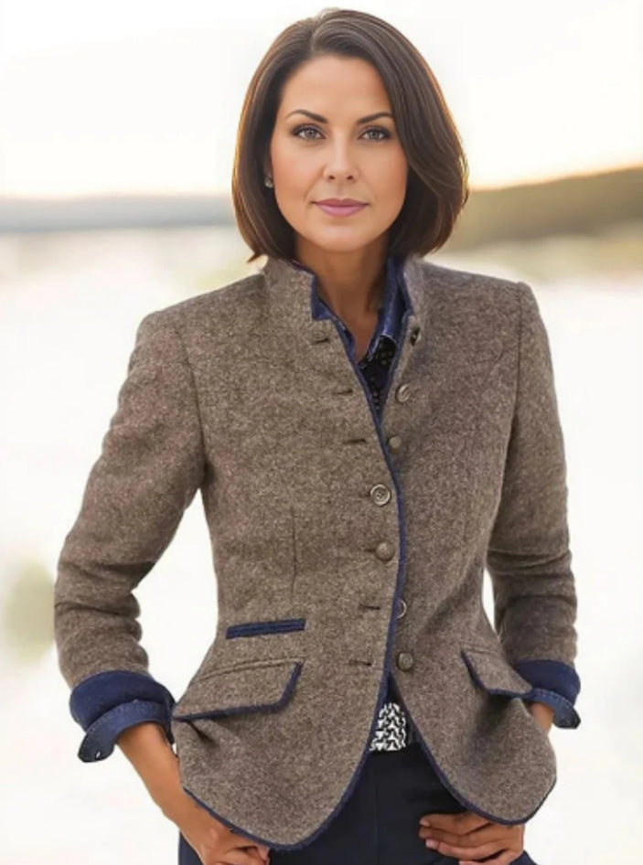 Eleganter Damen Veganwolle Blazer mit Stehkragen und Kontrastdetails – Herbststil