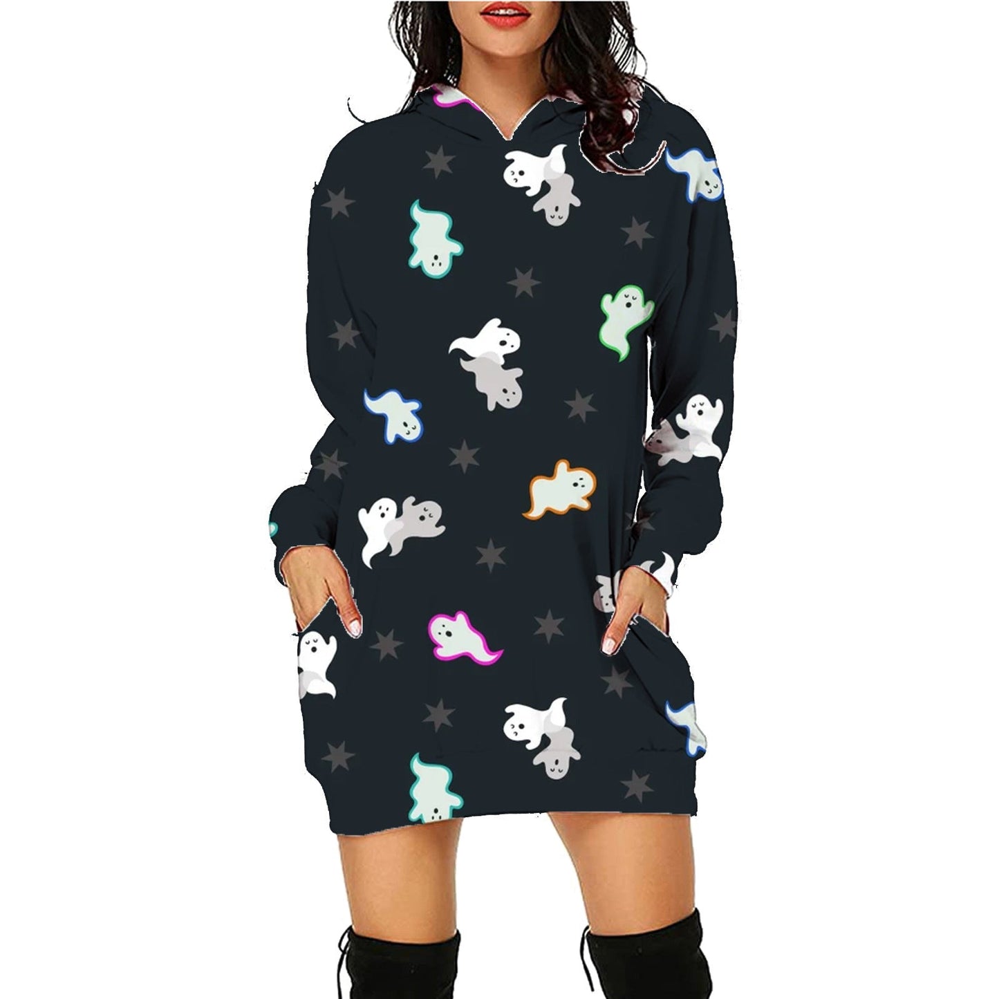 Damen Halloween Hoodie Kleid – Bequemes Freizeitkleid mit lustigen Motiven für Party & Kostüm