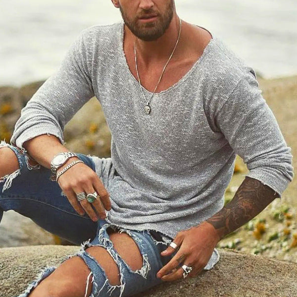 Herren Strickshirt mit weitem Rundhalsausschnitt – Lässiges Langarm-Oberteil im Vintage-Look