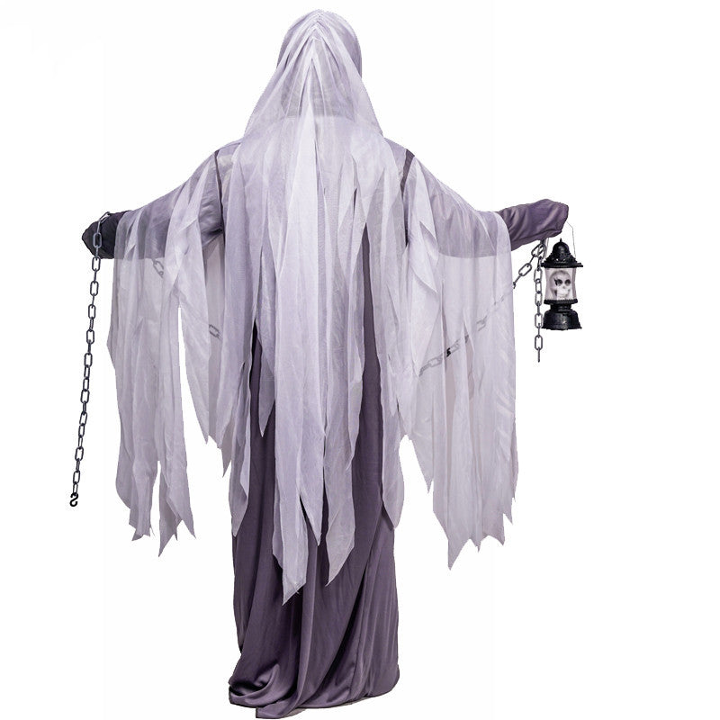 Halloween Geisterkostüm für Erwachsene – Spukendes Geist-Outfit mit Kette und Laterne – Perfekt für Halloween-Partys & Grusel-Events