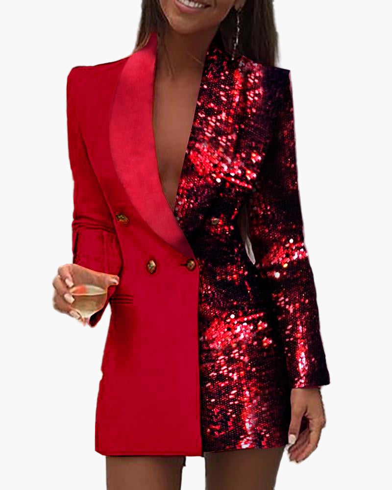 Damen Partykleid Mini mit Pailletten und Patchwork, Sexy Blazer-Stil, Tiefer V-Ausschnitt, Langarm – Perfekt für festliche Anlässe