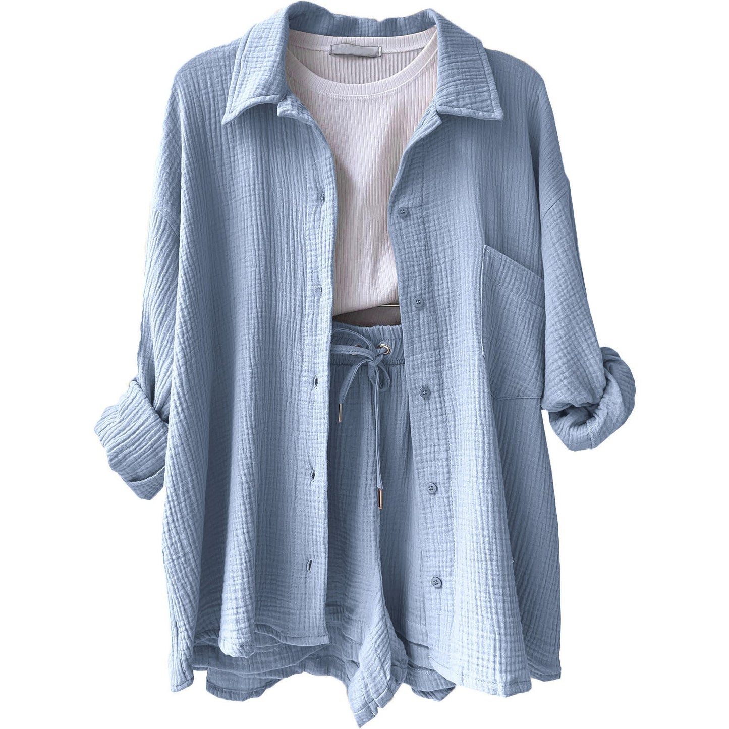 Damen 3-teiliges Freizeit-Set mit Hemd, Crop-Top und Shorts – Perfekt für entspannte Sommertage