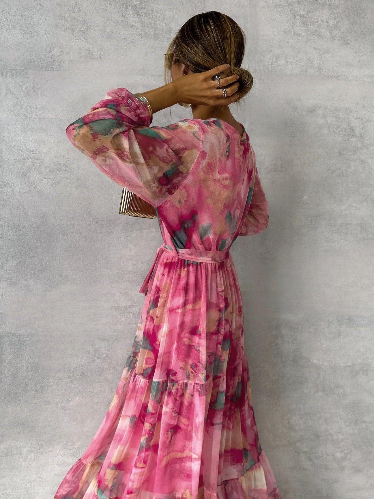 Jenny – Elegantes Chiffon-Kleid mit Kordelzug und Patchwork